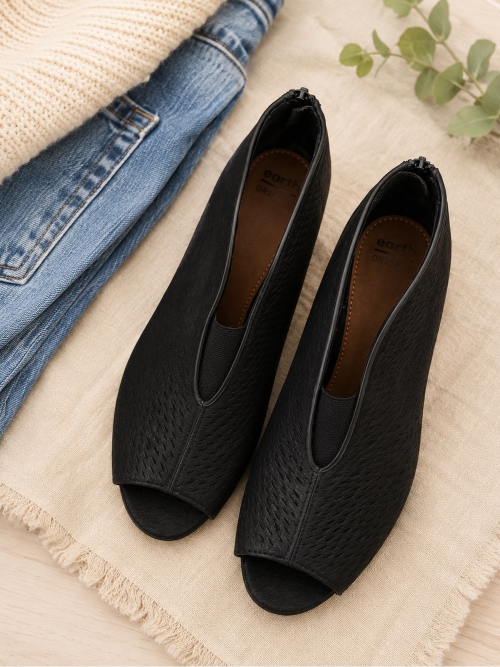 Earth Black Peep-Toe Wedge Booties with Textured Upper